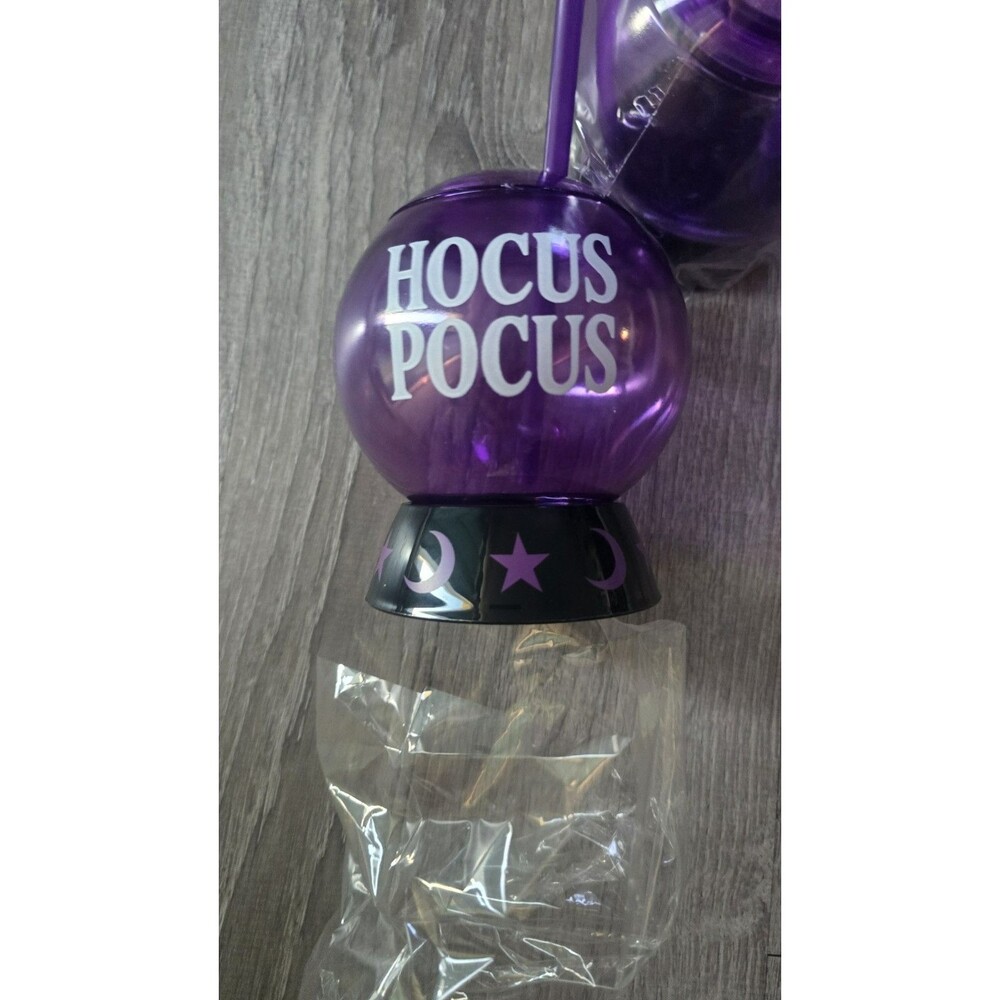 2~ Hocus Pocus Cauldron w/Straw Round Plastic Purple Cup ~ Stars Moon Halloween